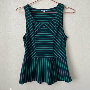 Anthropologie Leifnotes Navy Blue Green Mixed Stripe Peplum Tank Top Sleeveless